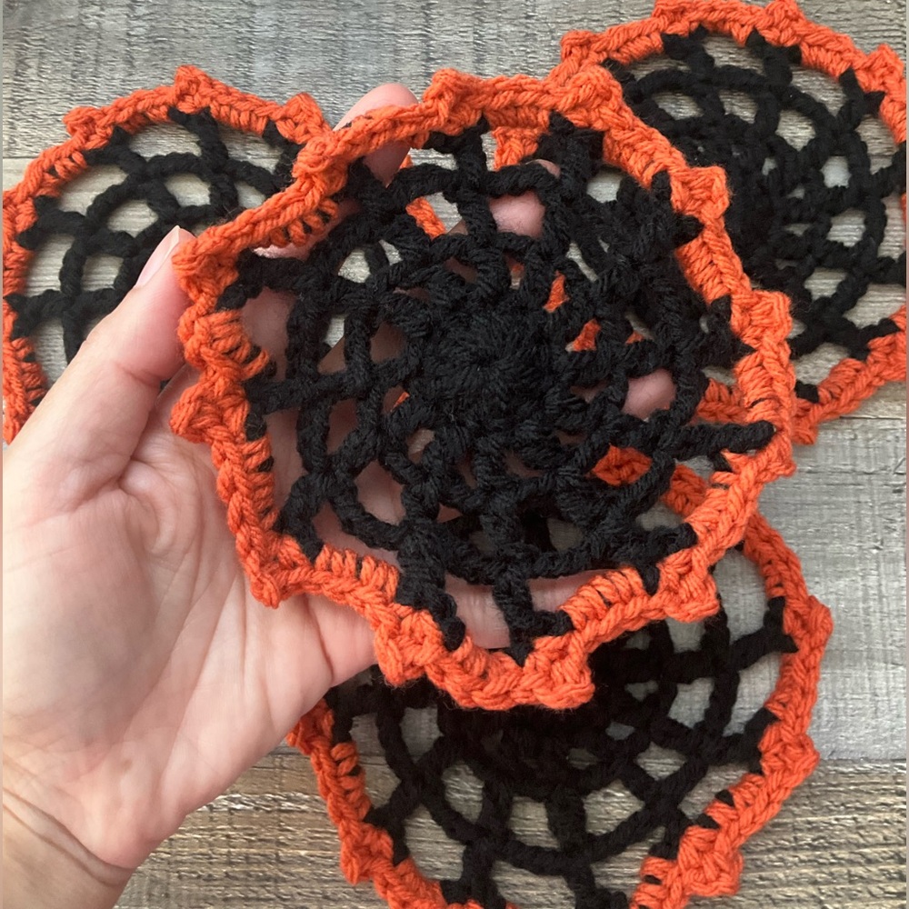 Handmade Orange/Black Spiderweb Coasters 4 Pack